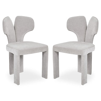 Two light gray modern chairs with butterfly-shaped backrests on white background