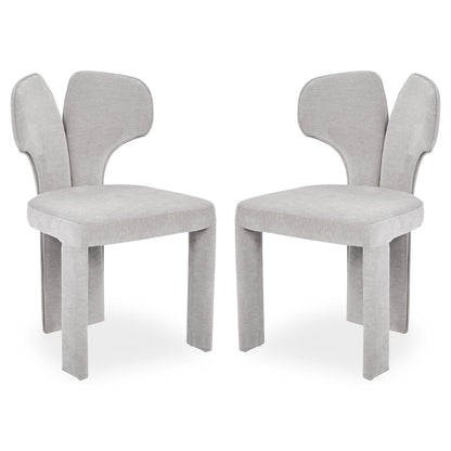 Two light gray modern chairs with butterfly-shaped backrests on white background