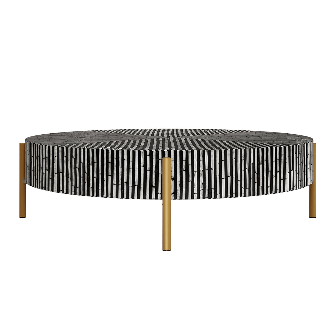 Cradily Mother of Pearl Inlay Coffee Table in Ivory & Black, featuring a round tabletop with intricate black-and-white striped inlay, supported by slender gold-finished legs, offering an elegant, modern design.
