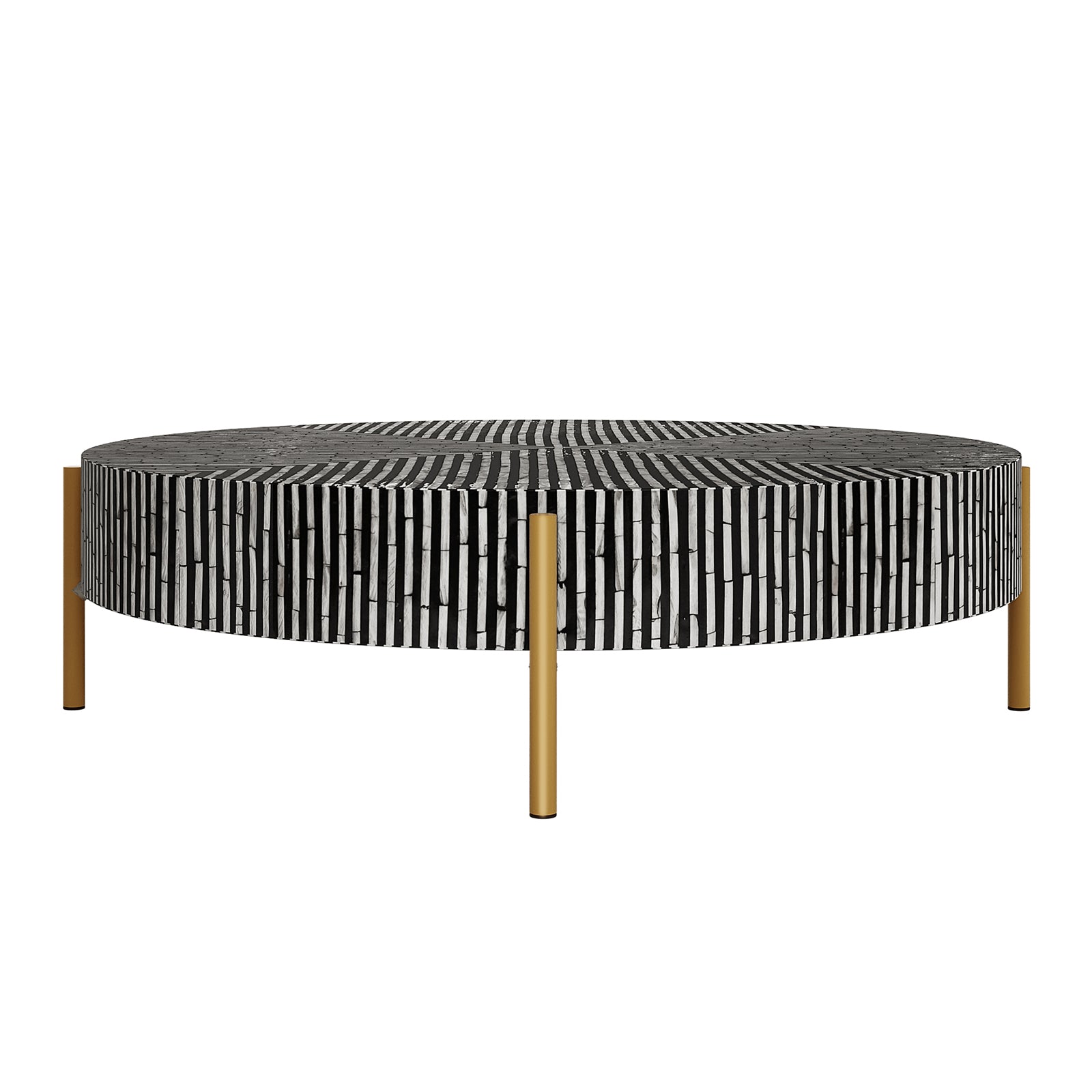 Cradily Mother of Pearl Inlay Coffee Table in Ivory & Black, featuring a round tabletop with intricate black-and-white striped inlay, supported by slender gold-finished legs, offering an elegant, modern design.