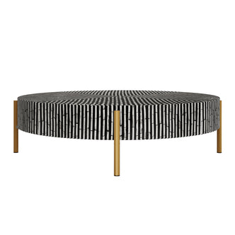 Cradily Mother of Pearl Inlay Coffee Table in Ivory & Black, featuring a round tabletop with intricate black-and-white striped inlay, supported by slender gold-finished legs, offering an elegant, modern design.