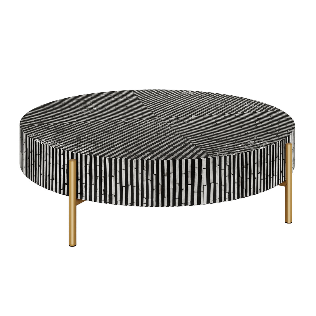 Cradily Mother of Pearl Inlay Coffee Table in Ivory & Black features a round top with a radial black-and-white mosaic pattern, supported by slim gold-finish legs, blending elegance and modern design.