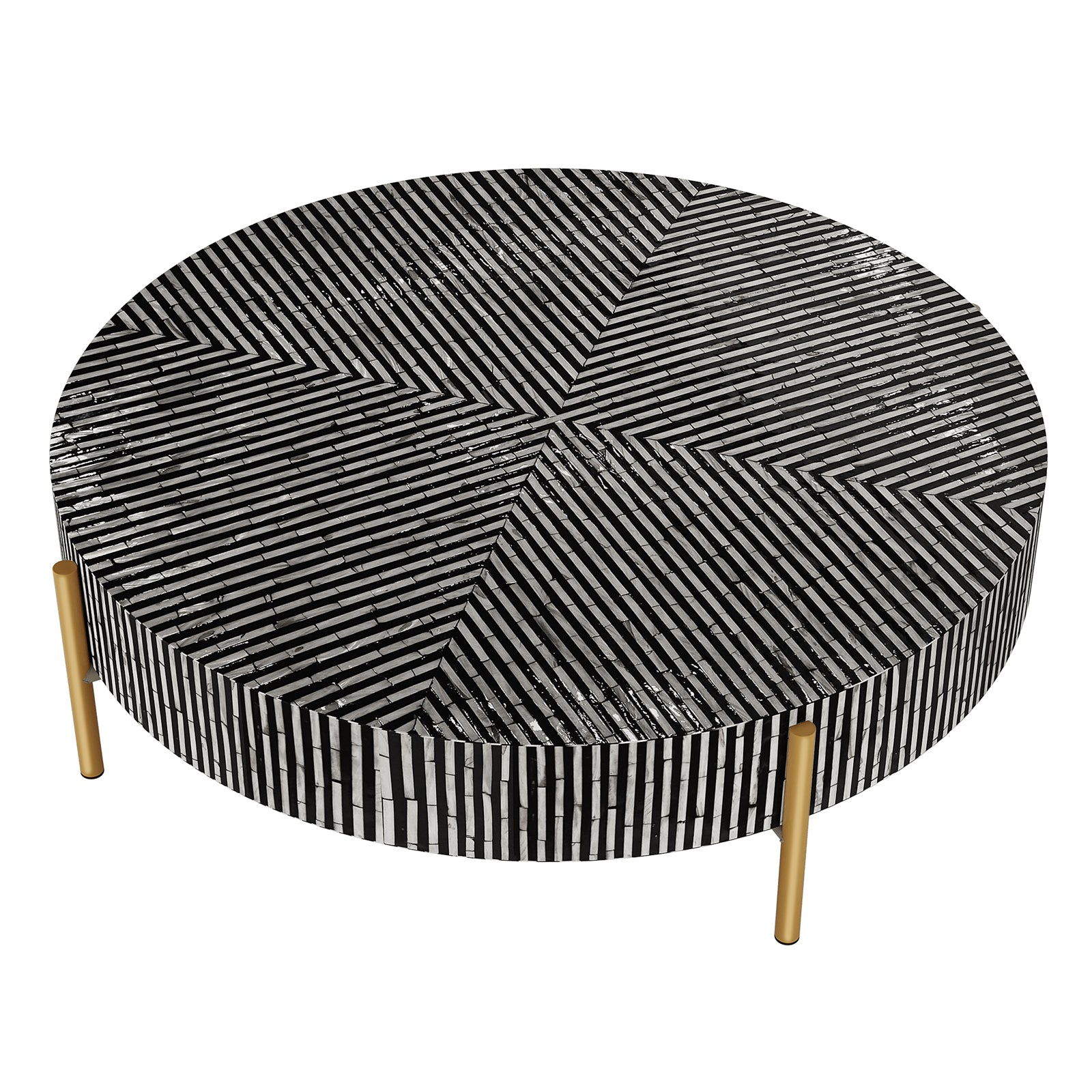 Cradily Mother of Pearl Inlay Coffee Table features a round top with black-and-white striped mosaic in chevron quadrants, standing on three slender brass-finished legs for an elegant, modern look.