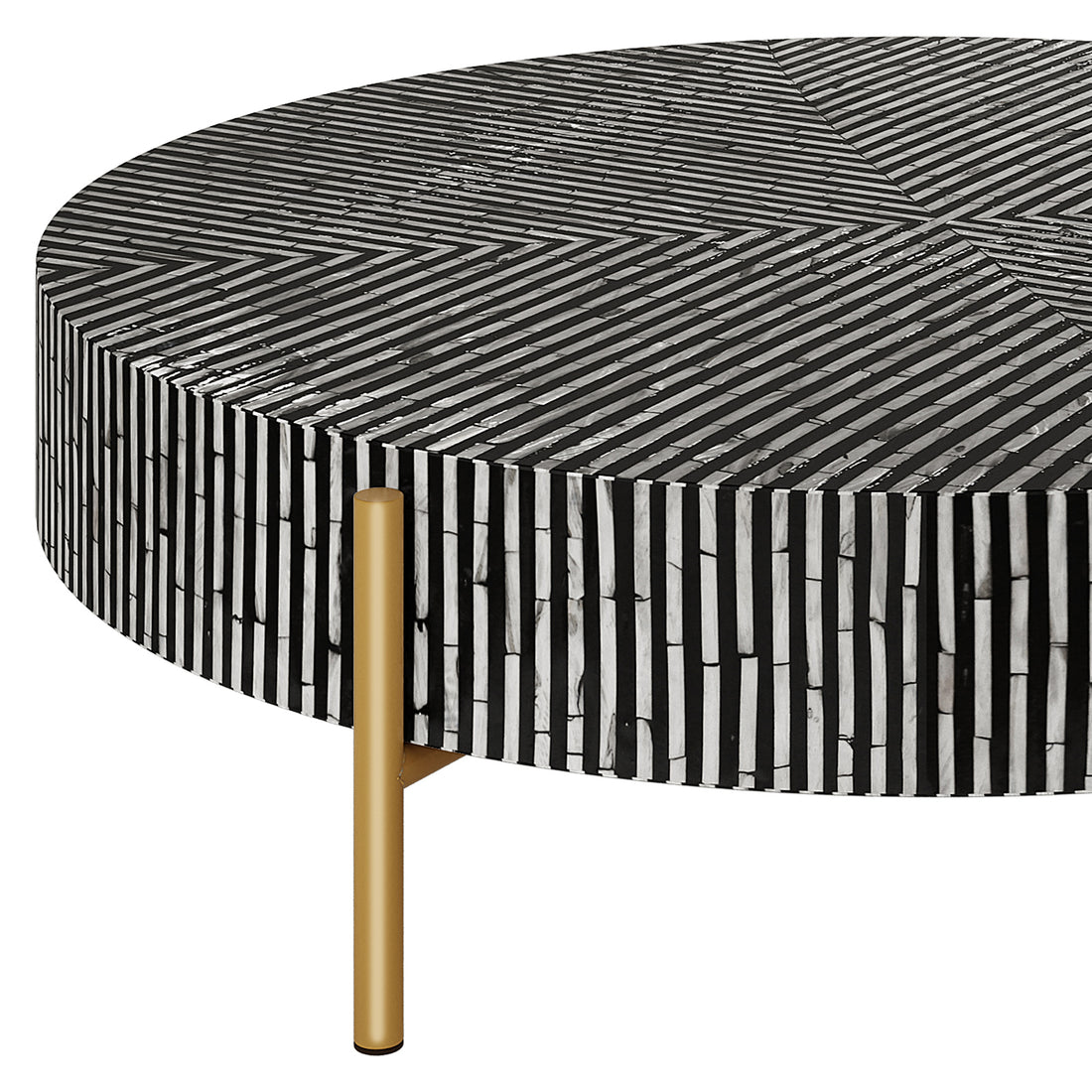 Cradily Mother of Pearl Inlay Coffee Table in Ivory & Black features a round, drum-shaped top with geometric stone strips and a slender brass-toned leg, offering a sophisticated, modern design.