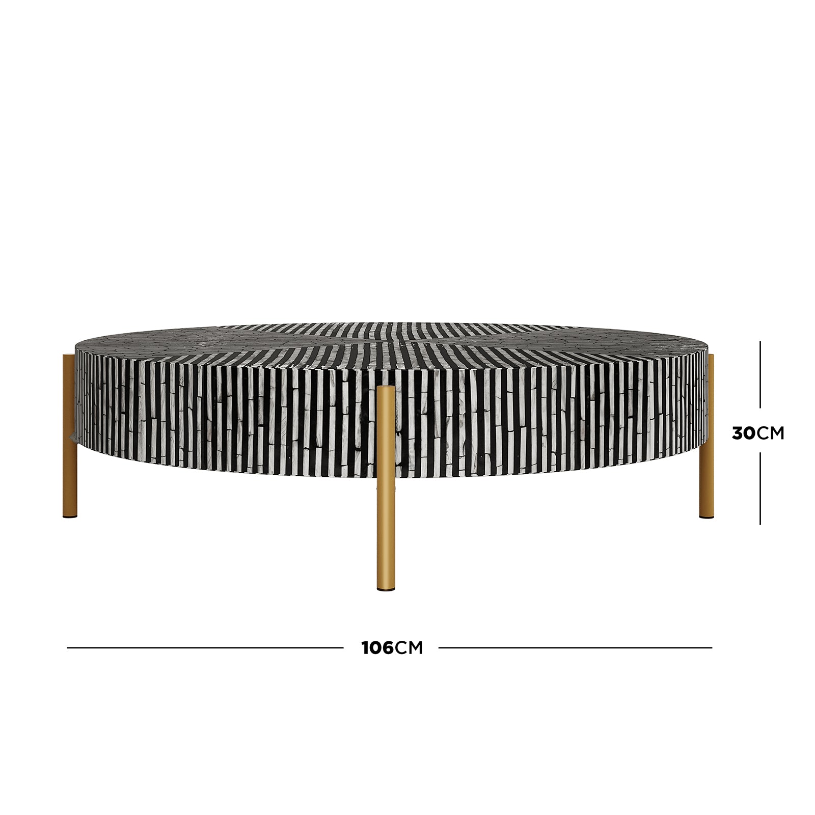 Cradily Mother of Pearl Inlay Coffee Table in Ivory & Black features a round tabletop with a vertical-striped mosaic pattern and four slim, gold-colored legs, offering a sophisticated and modern design.