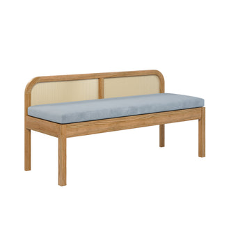 Dana 120cm Solid Oak Hardwood Bench - Natural, featuring a solid oak frame with a rattan backrest and a cushioned seat, showcasing its sturdy construction and elegant design for home interiors.