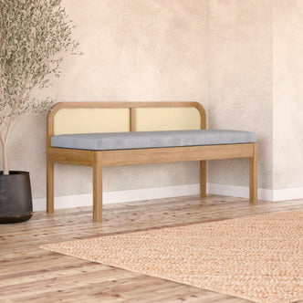 Dana 120cm Solid Oak Hardwood Bench with Backrest, showcasing sturdy construction and natural oak finish. Features include solid oak material, rattan backrest, comfortable fabric seat, and anti-slip pads.