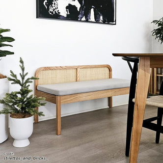 Dana 120cm Solid Oak Hardwood Bench - Natural, showcasing its sturdy oak construction and elegant rattan backrest, designed for comfort and durability, ideal for various home settings.