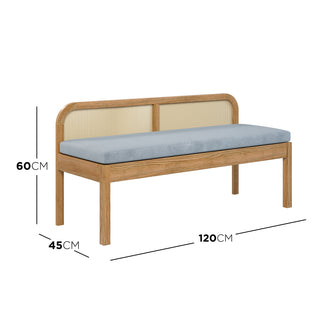 Dana 120cm Solid Oak Hardwood Bench - Natural, featuring a solid oak frame, a wicker backrest, and a futon pad cushion on a wooden surface, showcasing its elegant design and comfort.