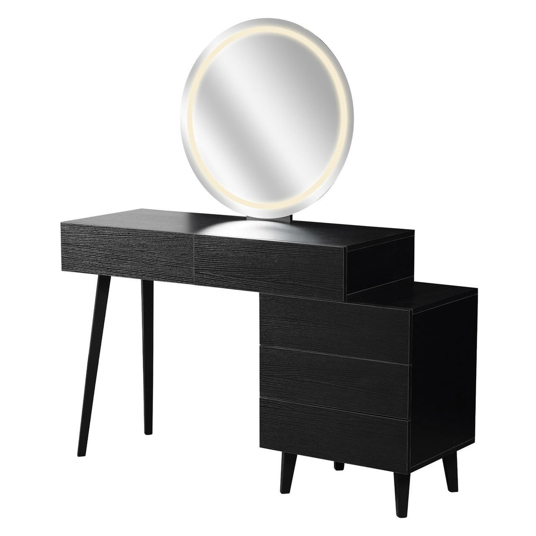 Demetria Dressing Table with LED Touch Mirror in Light Black features a sleek asymmetrical black wood design, round LED-lit mirror, and five drawers, enhancing any vanity or grooming space with modern elegance.