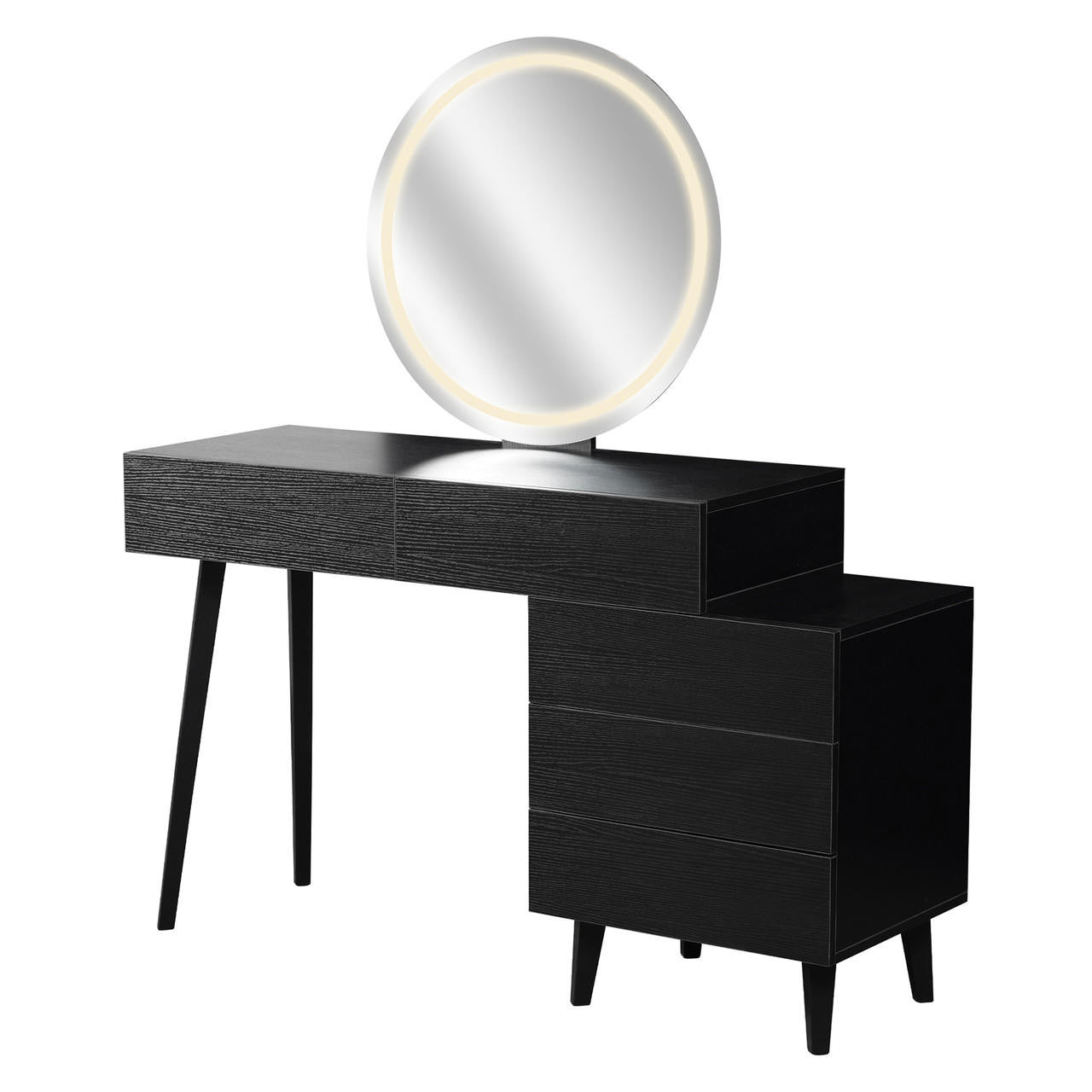 Demetria Dressing Table with LED Touch Mirror in Light Black features a sleek asymmetrical black wood design, round LED-lit mirror, and five drawers, enhancing any vanity or grooming space with modern elegance.