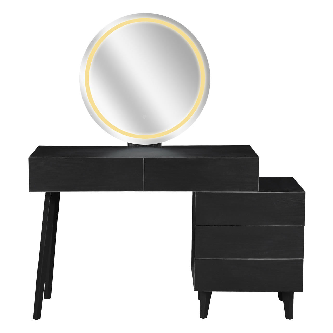 Demetria Dressing Table with LED Touch Mirror in Light Black features a minimalist design with five drawers, a large round mirror encircled by warm LED lights, and sleek metal legs.