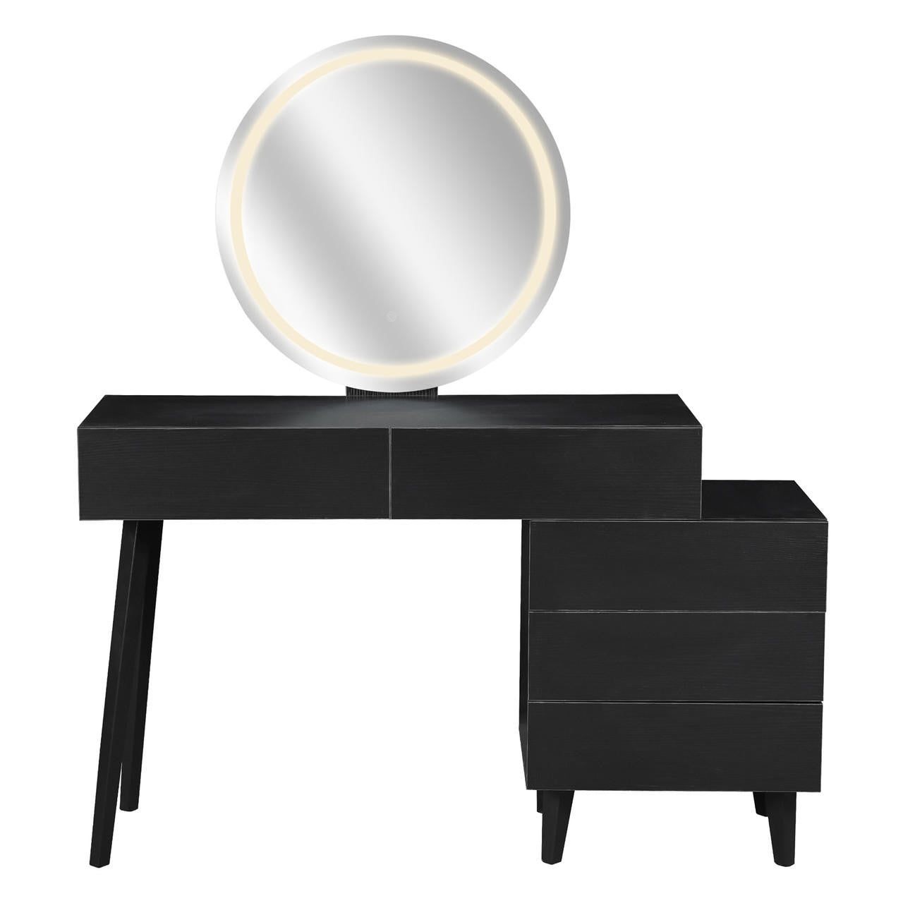 Demetria Dressing Table with LED Touch Mirror in Light Black: Modern asymmetrical design, five drawers, splayed and short legs, centered 60cm round mirror with integrated LED light ring.