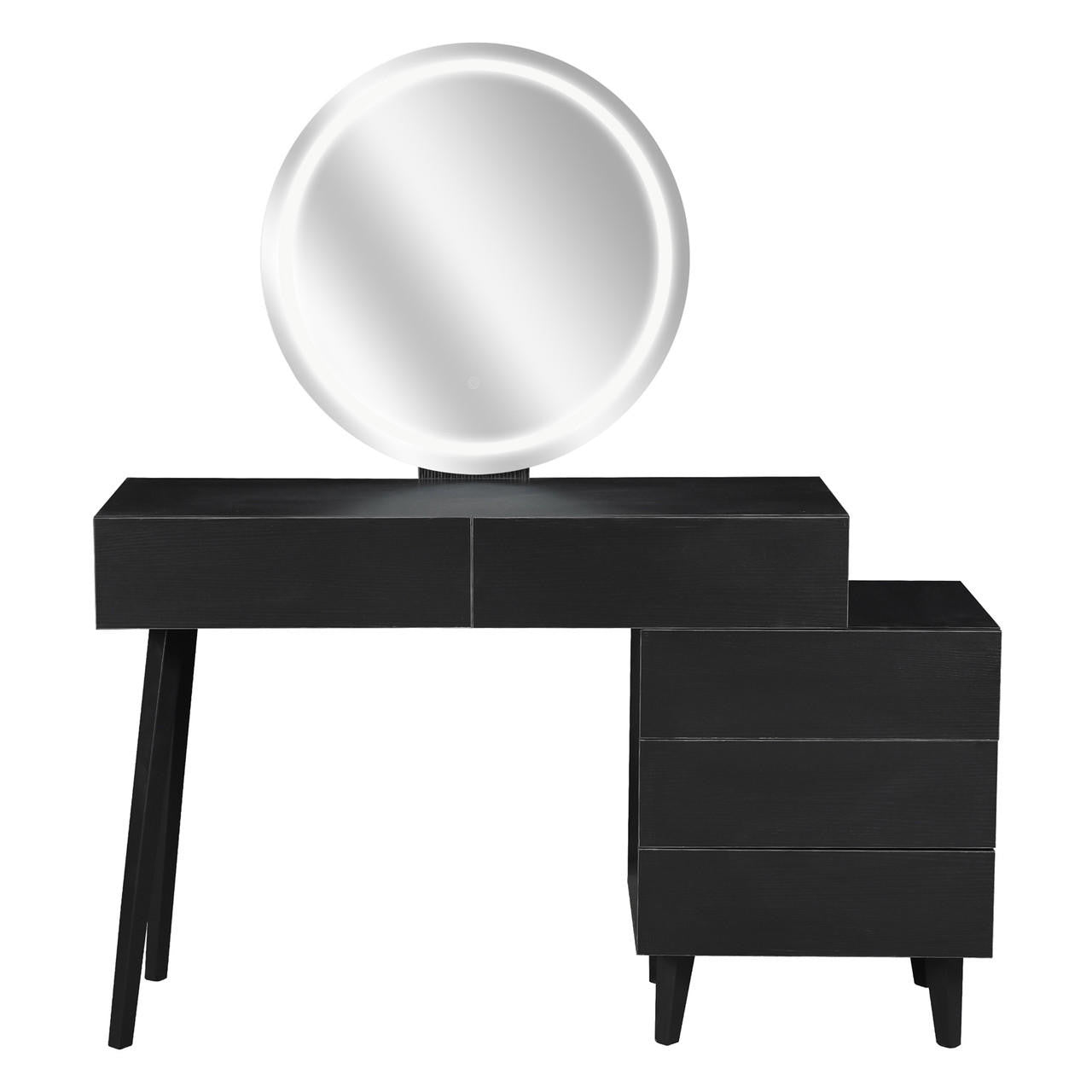 Demetria Dressing Table with LED Touch Mirror in Light Black, featuring a sleek L-shaped design, two shallow and three deep drawers, and a central circular mirror with built-in ring light.