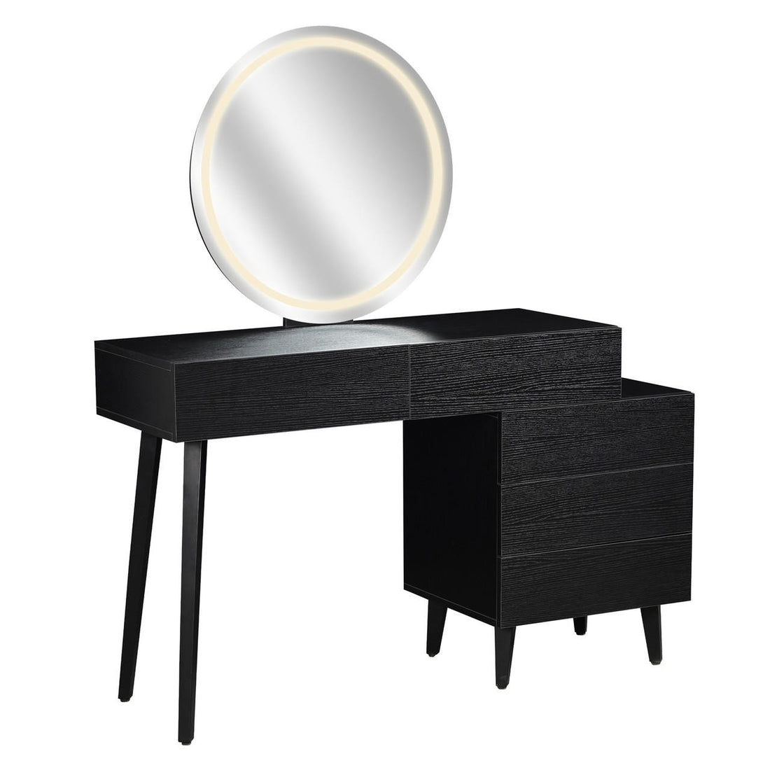 Demetria Dressing Table with LED Touch Mirror in Light Black features a modern asymmetrical design, two slender legs, a three-drawer cabinet, and a large round mirror with integrated LED lights.