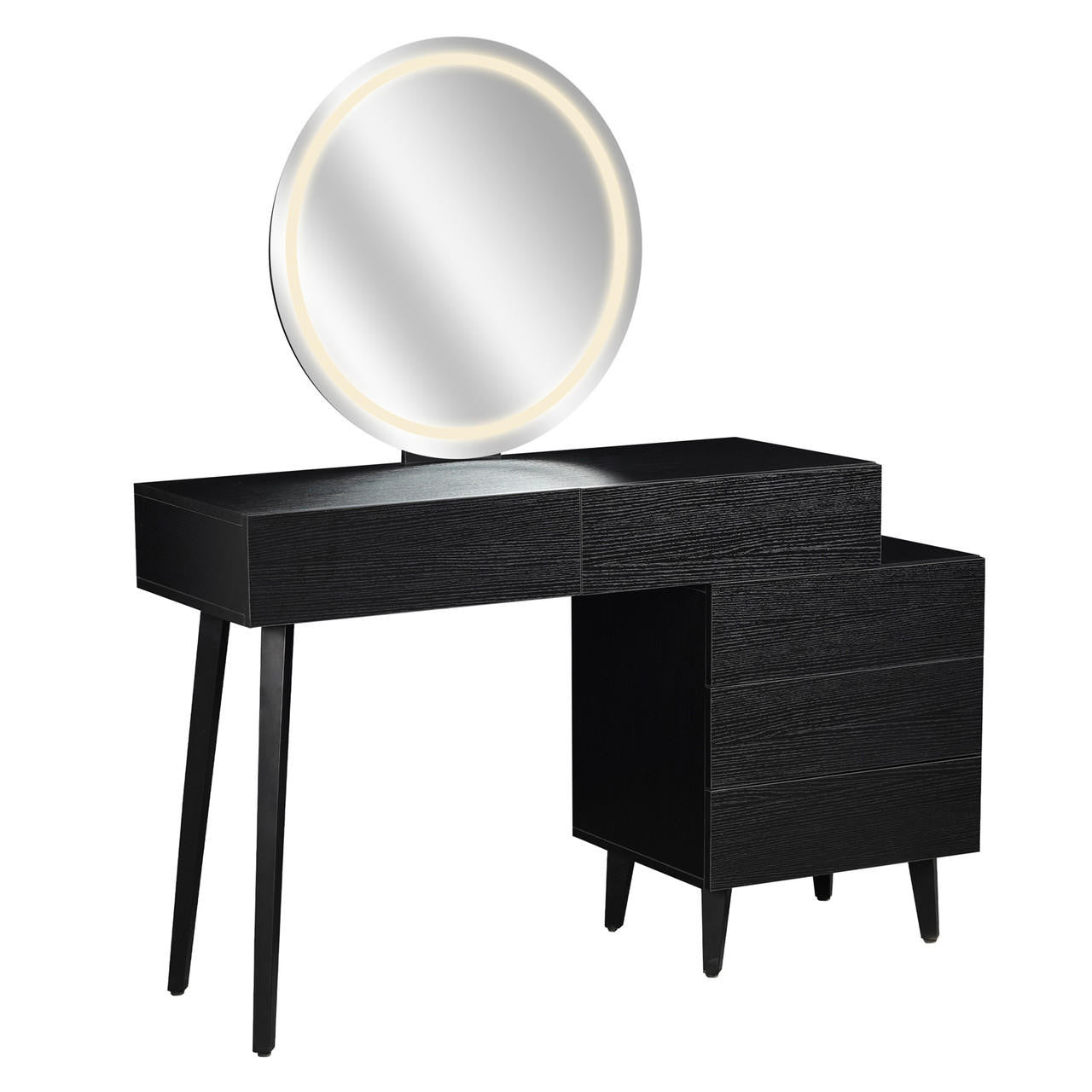 Demetria Dressing Table with LED Touch Mirror in Light Black features a modern asymmetrical design, two slender legs, a three-drawer cabinet, and a large round mirror with integrated LED lights.