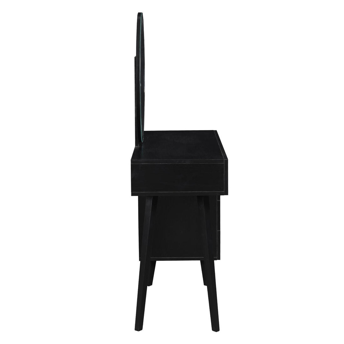 Side-view of the Demetria Dressing Table with LED Touch Mirror in Light Black, featuring a hinged top with mirror, angled legs, and sleek design, ideal for makeup and grooming.