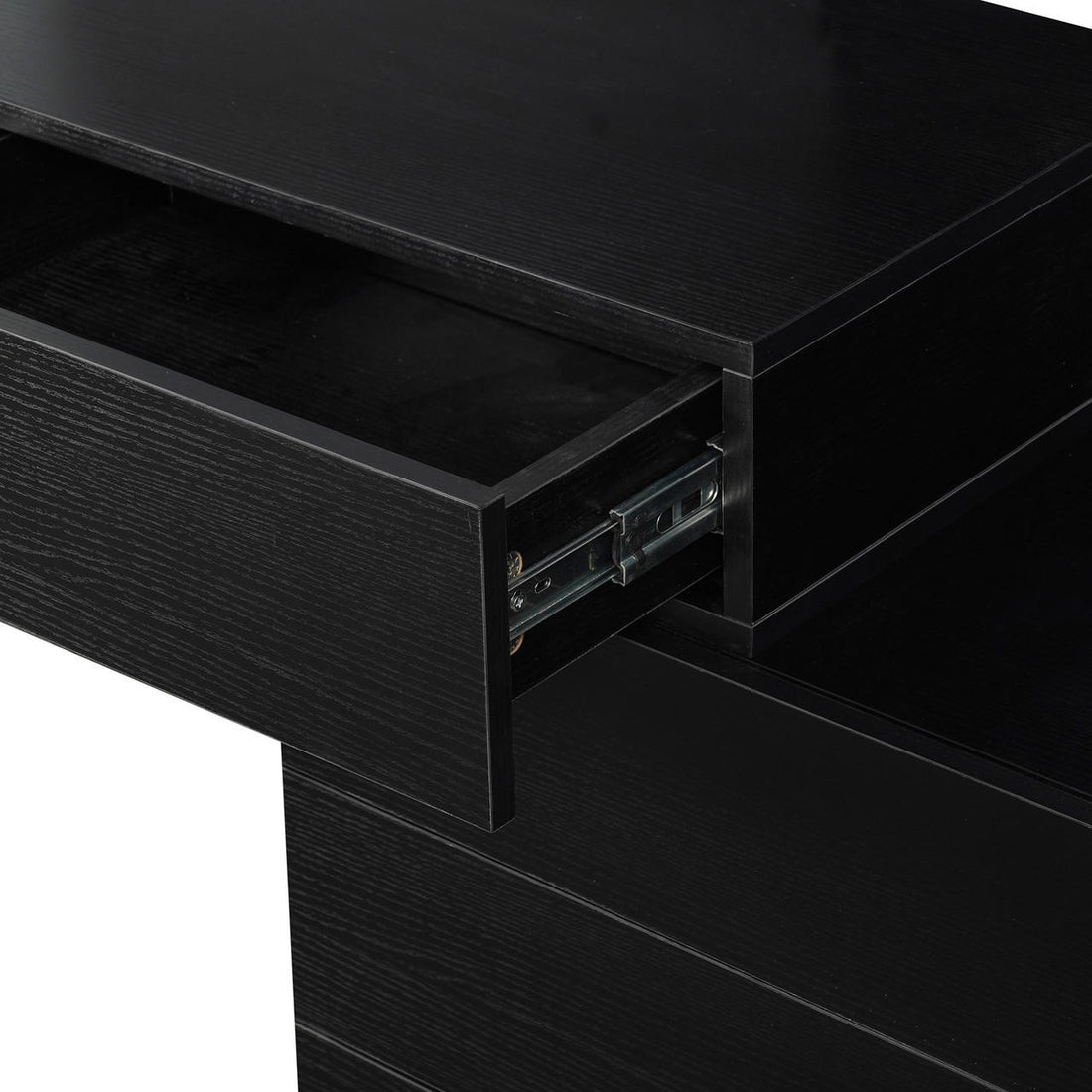 Demetria Dressing Table with LED Touch Mirror in Light Black showcasing a black wooden drawer with visible metal slide mechanism, highlighting its practical storage feature.
