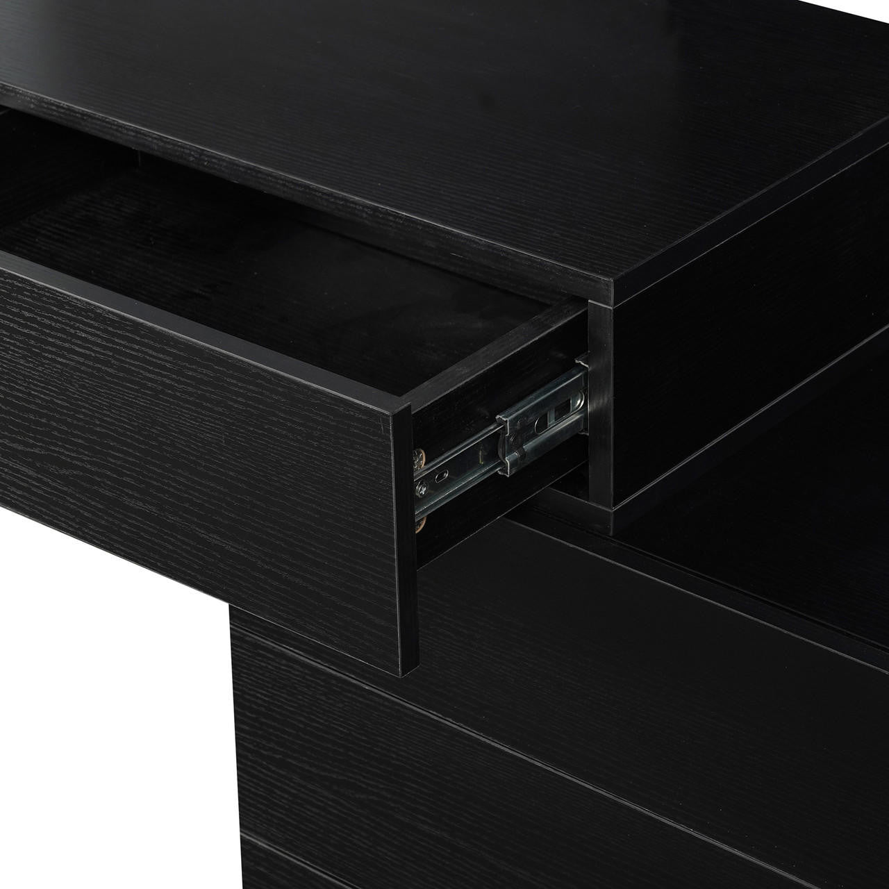 Demetria Dressing Table with LED Touch Mirror in Light Black showcasing a black wooden drawer with visible metal slide mechanism, highlighting its practical storage feature.