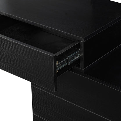 Demetria Dressing Table with LED Touch Mirror in Light Black showcasing a black wooden drawer with visible metal slide mechanism, highlighting its practical storage feature.