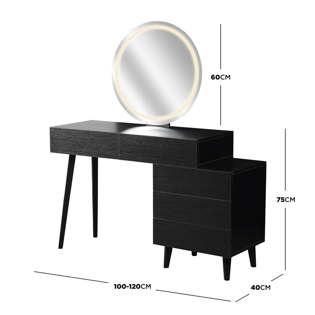 Demetria Dressing Table with LED Touch Mirror in Light Black features a backlit 60cm round mirror, sleek black wood design, adjustable width, and stepped storage drawers on the right, supported by slender left legs.