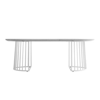 Devon 220cm 8 Seater Oval Industrial Dining Table in White, featuring a sleek marble-look top and dual open, cage-style metal bases, offering a modern, elegant focal point for dining spaces.