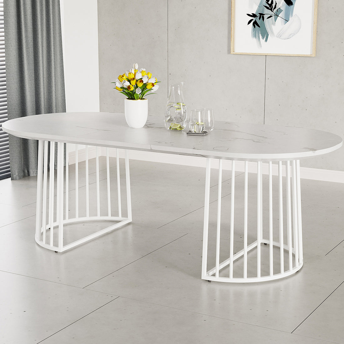 Devon 220cm 8 Seater Oval Industrial Dining Table in White featuring a marble-look top with cage-style legs, adorned with tulips, a lemon carafe, and glasses, set against a minimal backdrop.