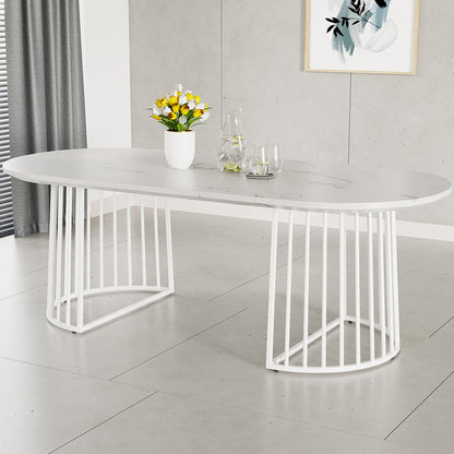 Devon 220cm 8 Seater Oval Industrial Dining Table in White featuring a marble-look top with cage-style legs, adorned with tulips, a lemon carafe, and glasses, set against a minimal backdrop.