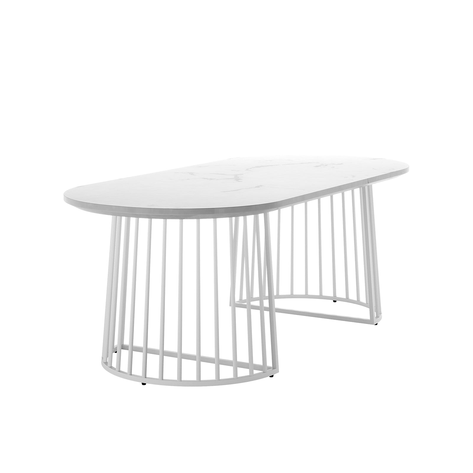 Devon 220cm 8 Seater Oval Industrial Dining Table in White features a sleek oval marble-effect top on curved cage bases with vertical metal slats, exuding a contemporary, airy design.