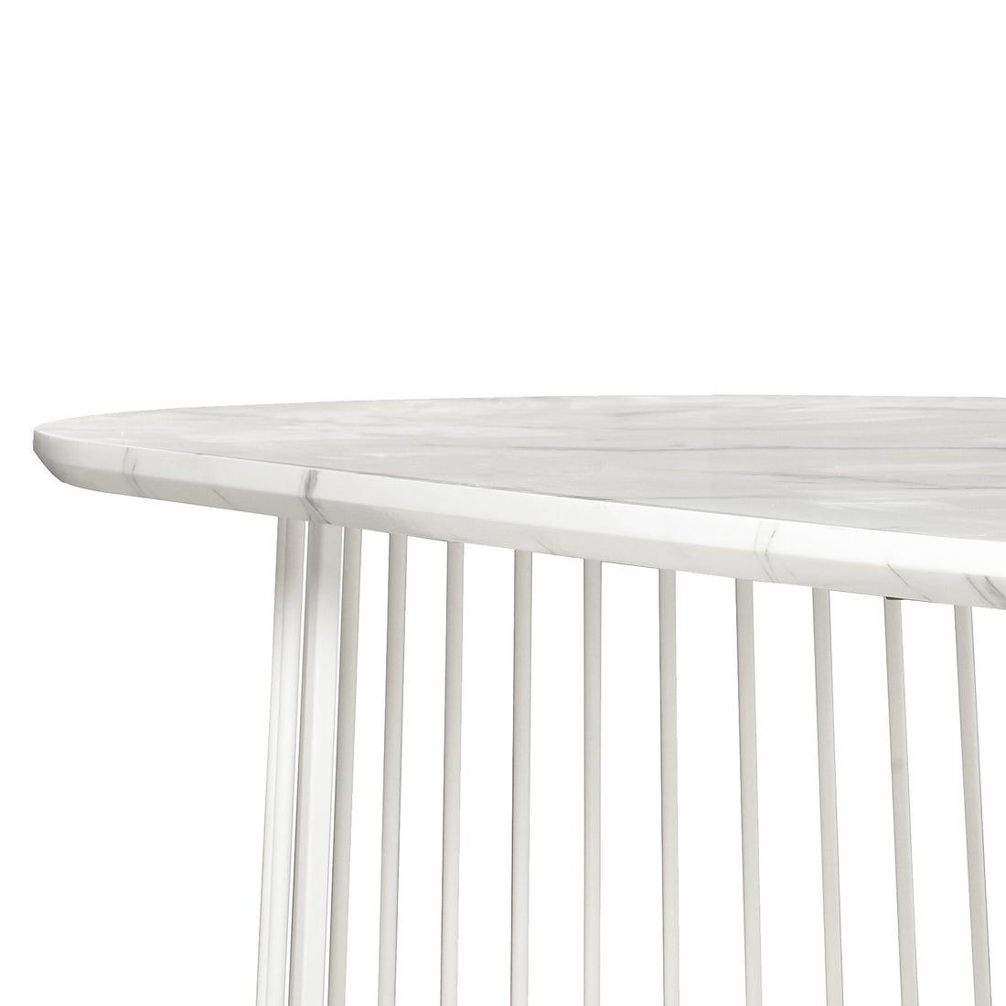 Devon 220cm 8 Seater Oval Industrial Dining Table in White features a marble-look tabletop supported by a cylindrical base of evenly spaced vertical metal rods, offering a modern and elegant design.