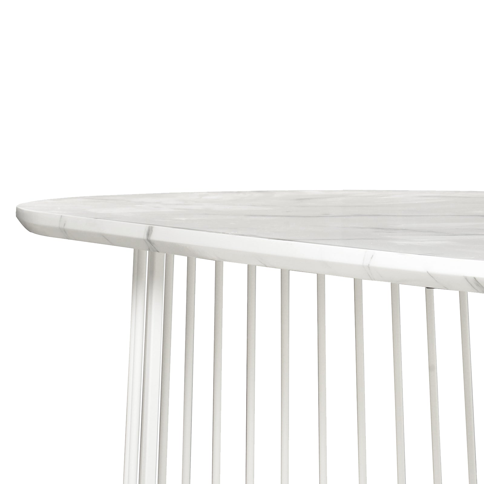 Devon 220cm 8 Seater Oval Industrial Dining Table in White features a marble-look tabletop supported by a cylindrical base of evenly spaced vertical metal rods, offering a modern and elegant design.