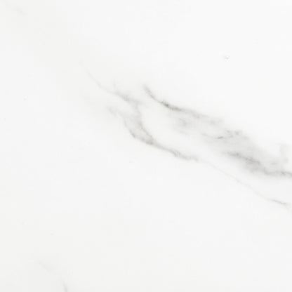 Close-up of Devon 220cm 8 Seater Oval Industrial Dining Table in White, showcasing its white marble-look surface with faint grey veining, emphasizing its modern elegance and industrial style.