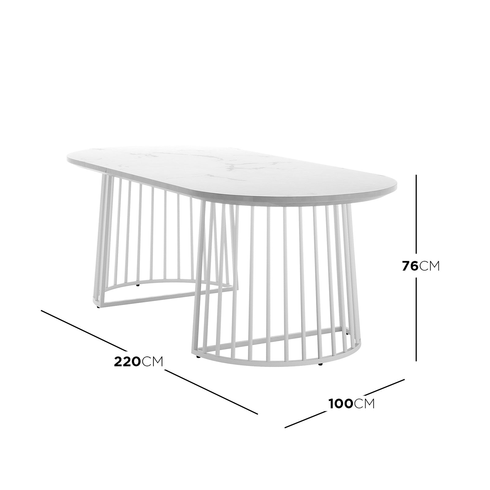 Devon 220cm 8 Seater Oval Industrial Dining Table in White features a marble-effect tabletop and sculptural metal cage base, showcasing a modern, elegant design with superimposed measurement lines for dimensions.