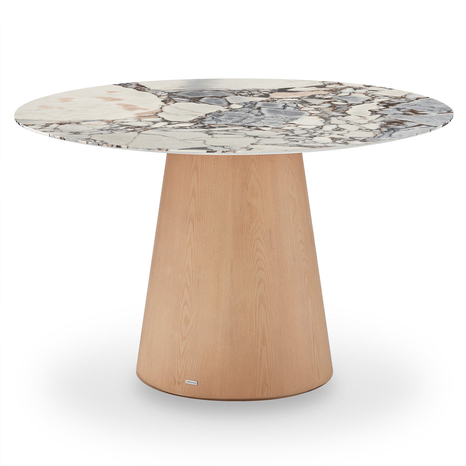 Dina 120cm Round Marble Dining Table in Blue Galaxy Natural features a white-and-gray veined marble top on a cone-shaped wooden base, blending elegance and warmth for refined dining spaces.
