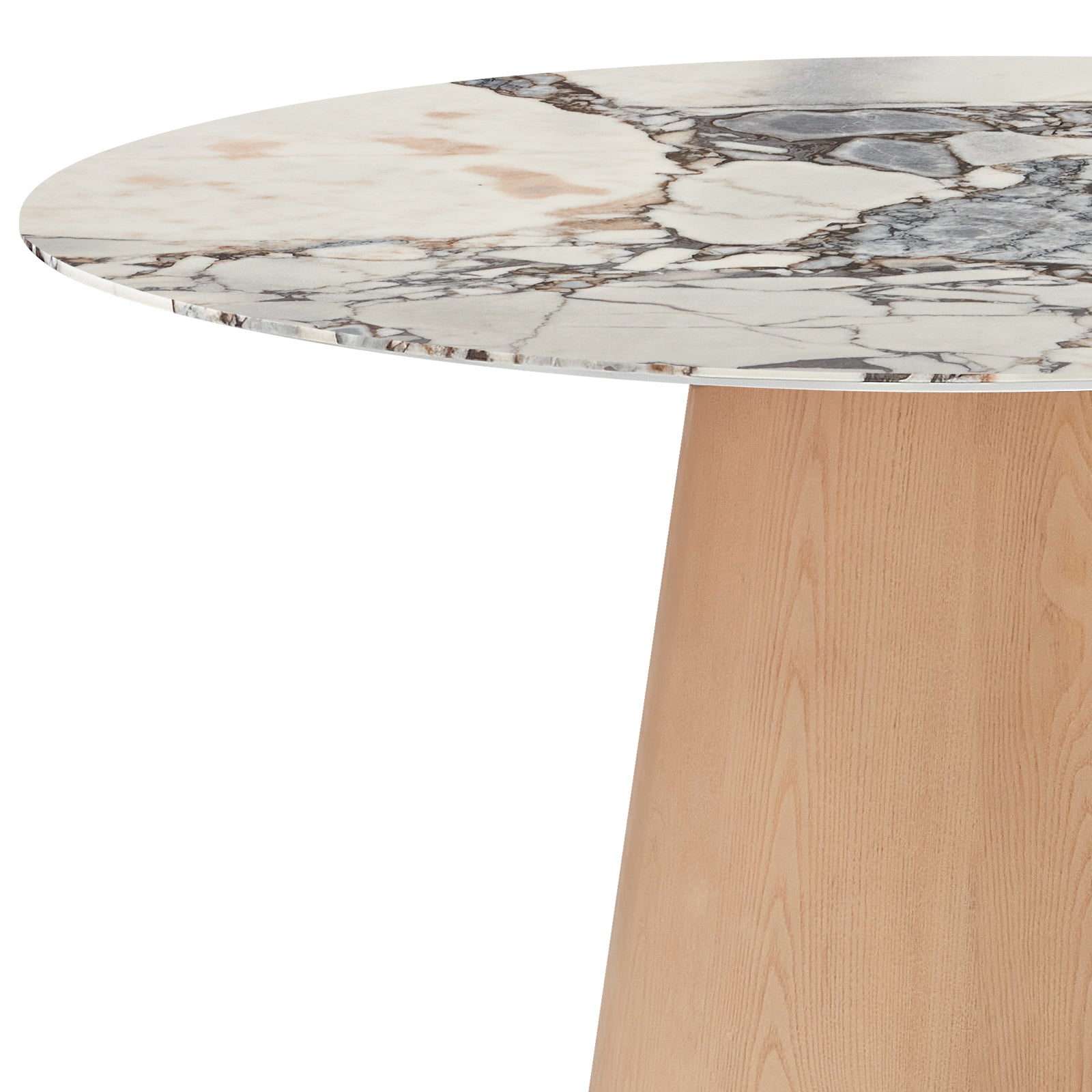 Dina 120cm Round Marble Dining Table in Blue Galaxy Natural features a white marble tabletop with grey and tan veining, supported by a single tapered wooden pedestal, offering a modern, elegant look.