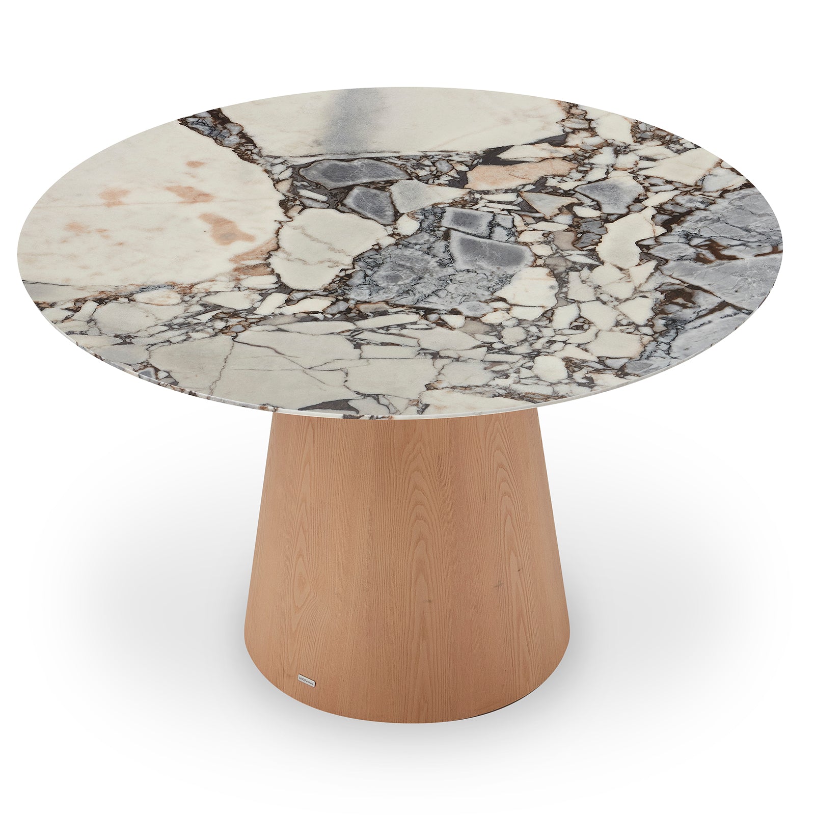 Dina 120cm Round Marble Dining Table in Blue Galaxy Natural features a polished marble top with grey and brown veining on a cone-shaped wooden pedestal, blending elegance and modernity.