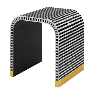Dustox Mother of Pearl Inlay Side Table in Ivory & Black features a zebra-striped arch design with gold bands and solid black interiors, showcasing its luxurious mother-of-pearl craftsmanship and modern elegance.