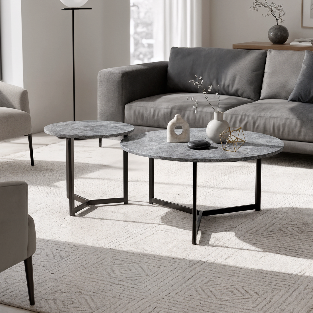 Earl Nesting Coffee Table Set with Black Legs in Concrete