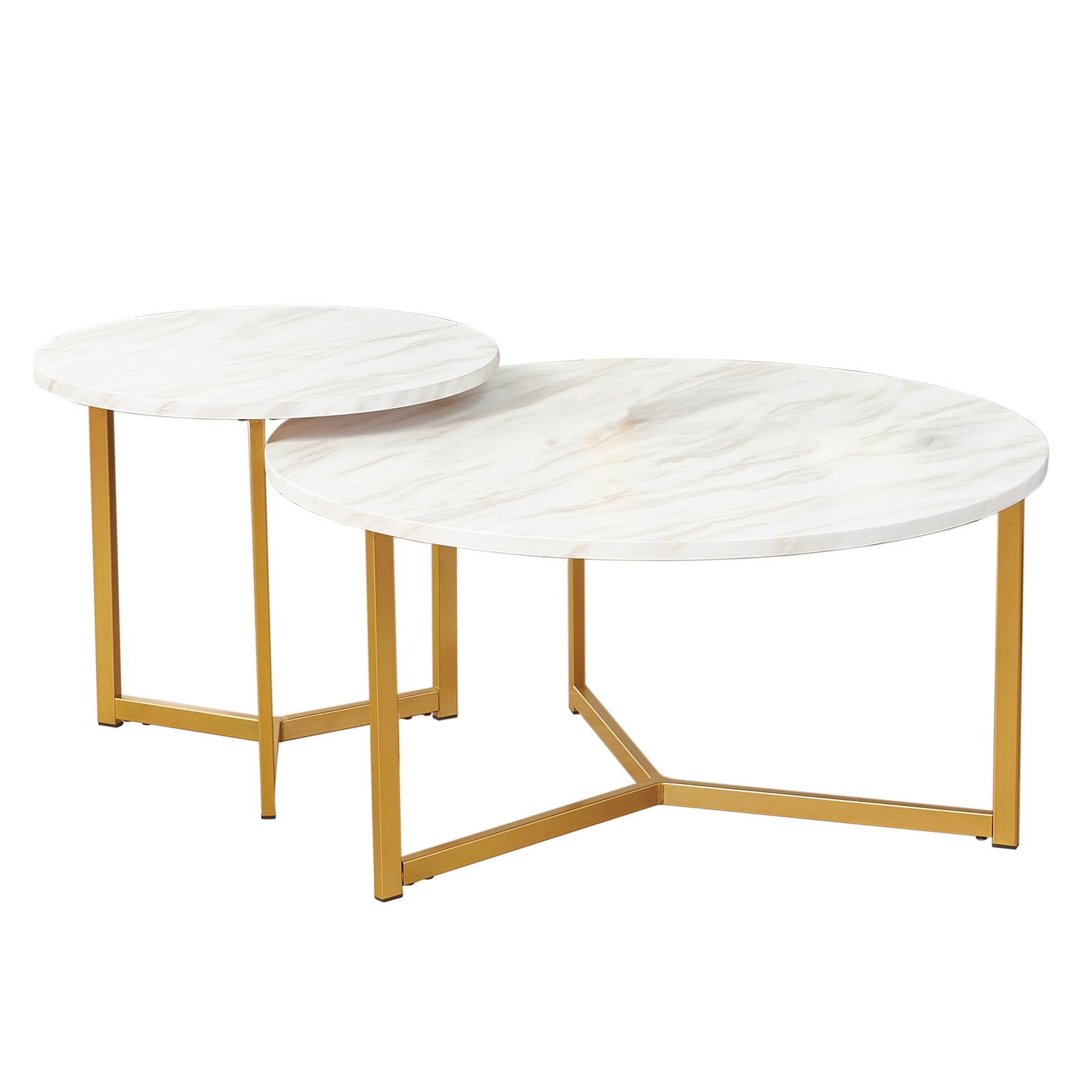 Earl Nesting Coffee Table Set of 2 - Marble; close-up of marble-look tabletop and gold metal legs, showcasing modern elegance with a versatile nesting design, ideal for contemporary interiors.