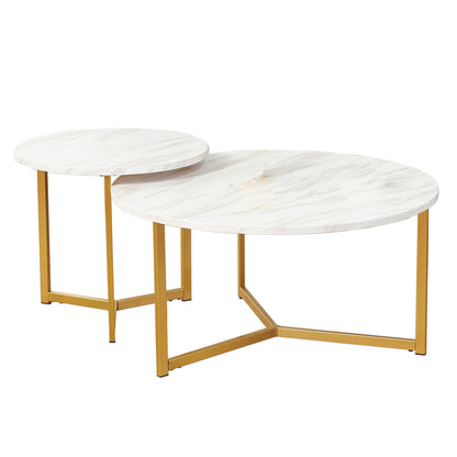 Earl Nesting Coffee Table Set of 2 - Marble; close-up of marble-look tabletop and gold metal legs, showcasing modern elegance with a versatile nesting design, ideal for contemporary interiors.
