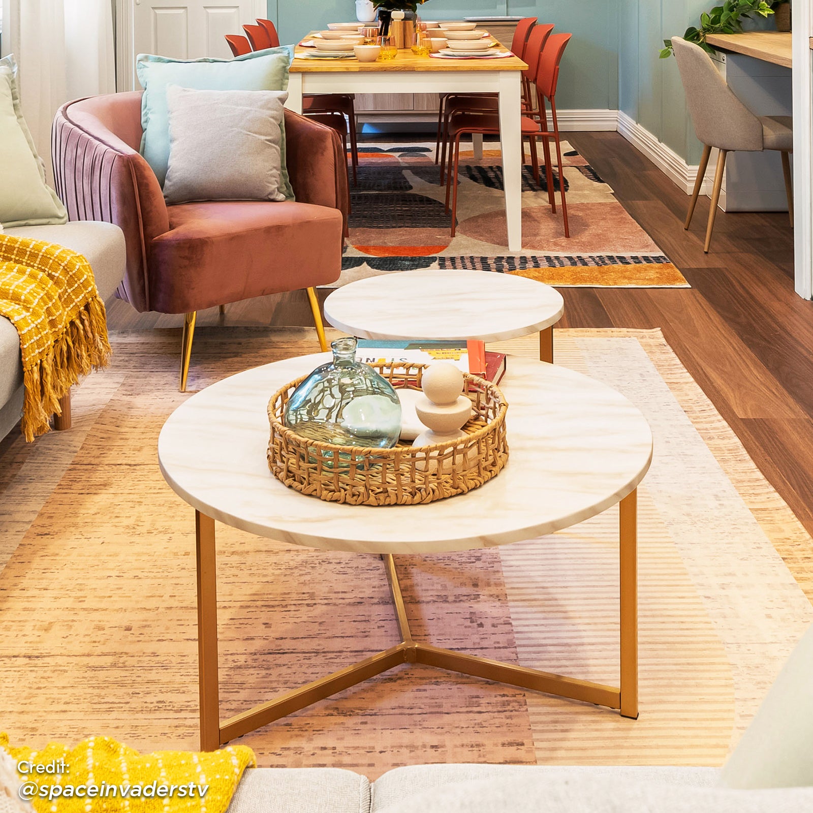 Earl Nesting Coffee Table Set of 2 - Marble, featuring two round marble-look tables with sleek metal frames, perfectly nested together, enhancing minimalistic modern interiors with industrial-chic elegance and versatile functionality.