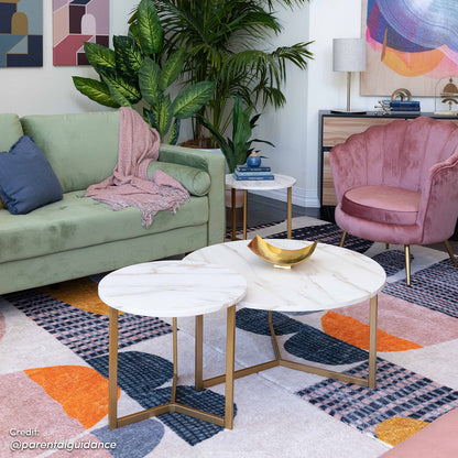 Earl Nesting Coffee Table Set of 2 - Marble features two round tables with marble-look tops and a sleek metal frame, showcasing an industrial-chic design ideal for modern interiors.