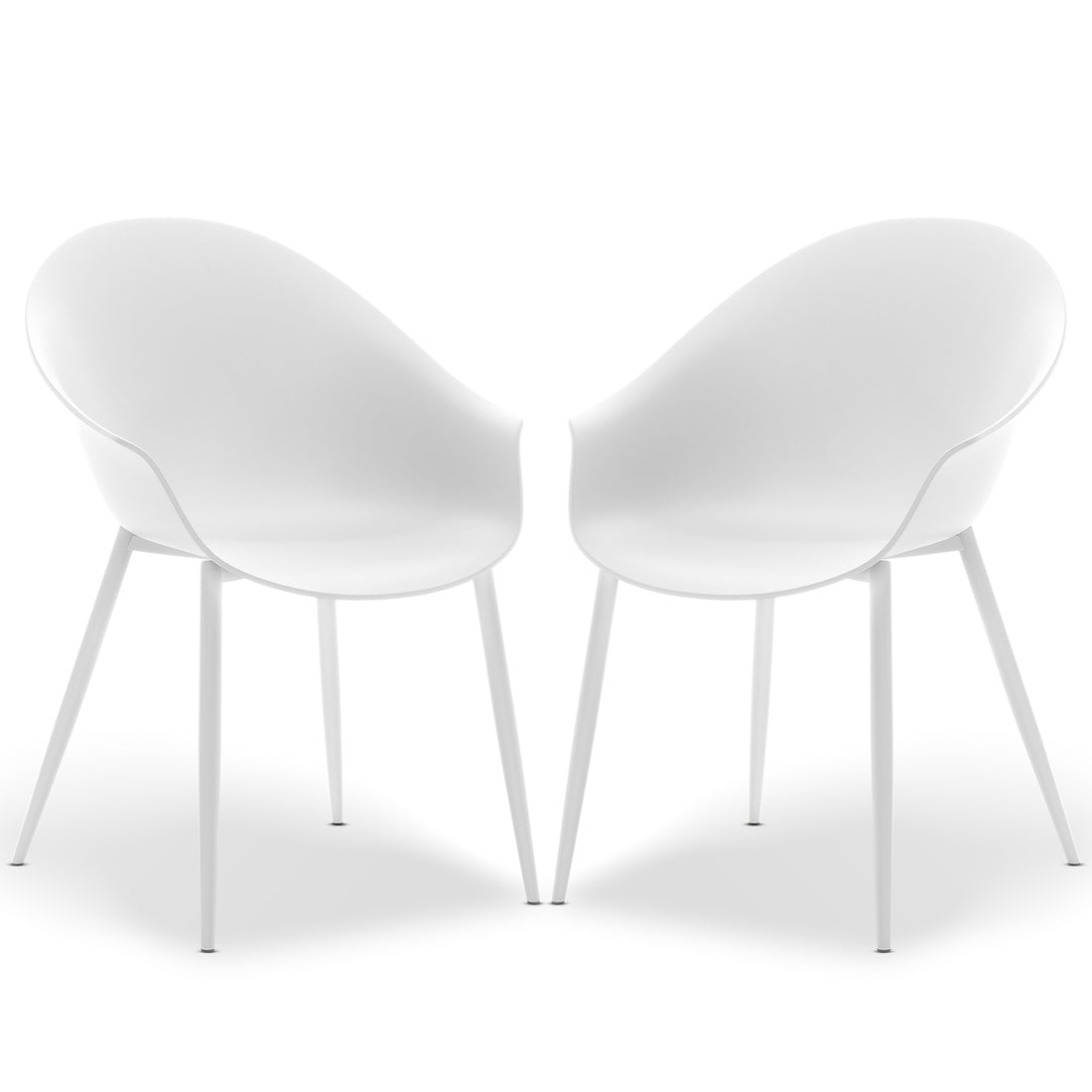 Eidos Indoor/Outdoor Modern Plastic Dining Chair w/ Armrest White Set of 2, featuring sleek design with armrests, durable plastic construction, and powder-coated metal legs for stability in various settings.