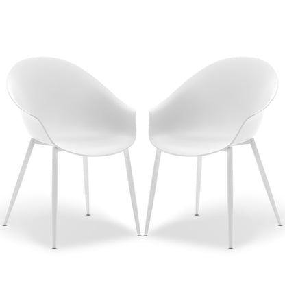 Eidos Indoor/Outdoor Modern Plastic Dining Chair w/ Armrest White Set of 2, featuring sleek design with armrests, durable plastic construction, and powder-coated metal legs for stability in various settings.