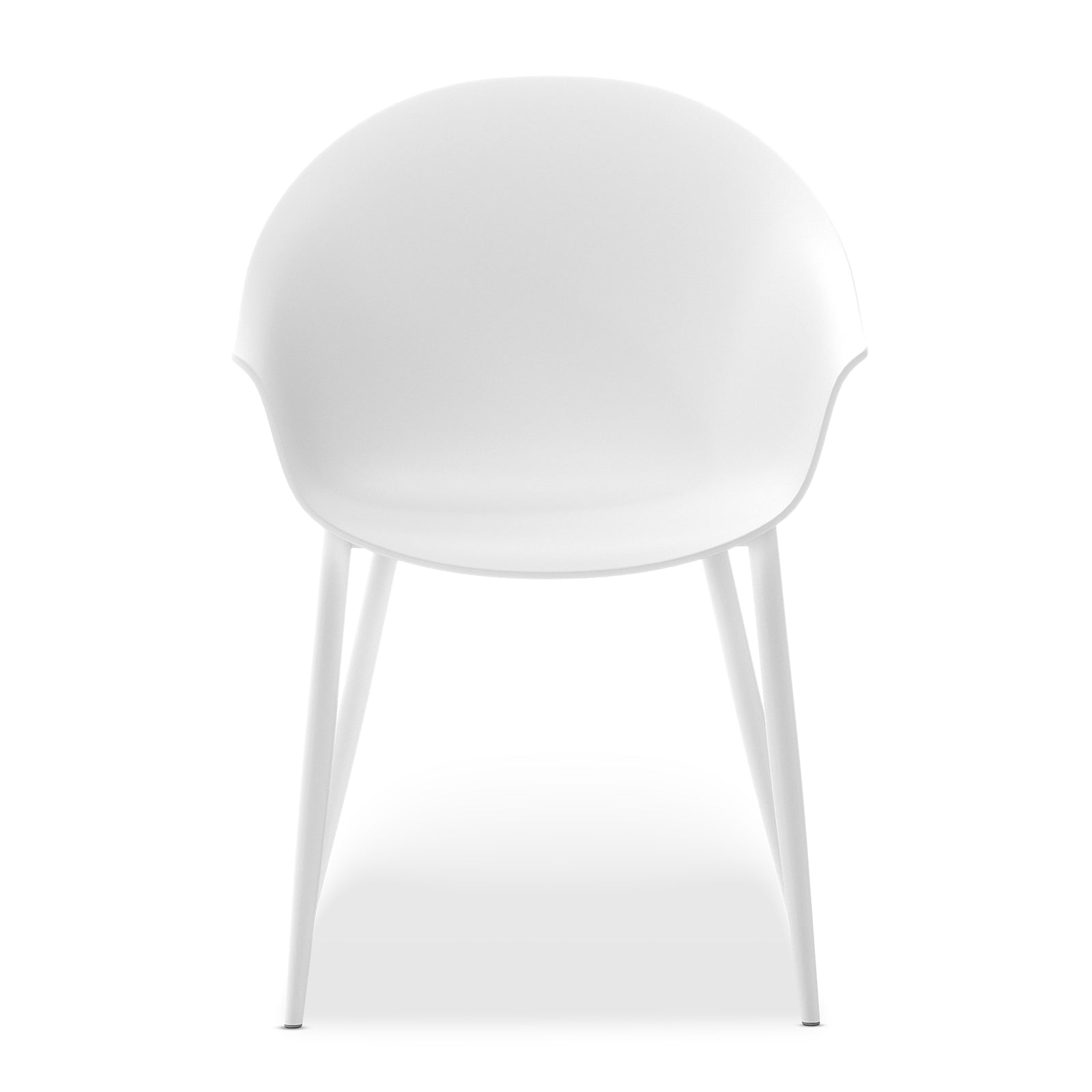 Eidos Indoor/Outdoor Modern Plastic Dining Chair w/ Armrest White Set of 2, featuring sleek design with armrests, durable plastic construction, and sturdy metal legs, ideal for versatile dining spaces.