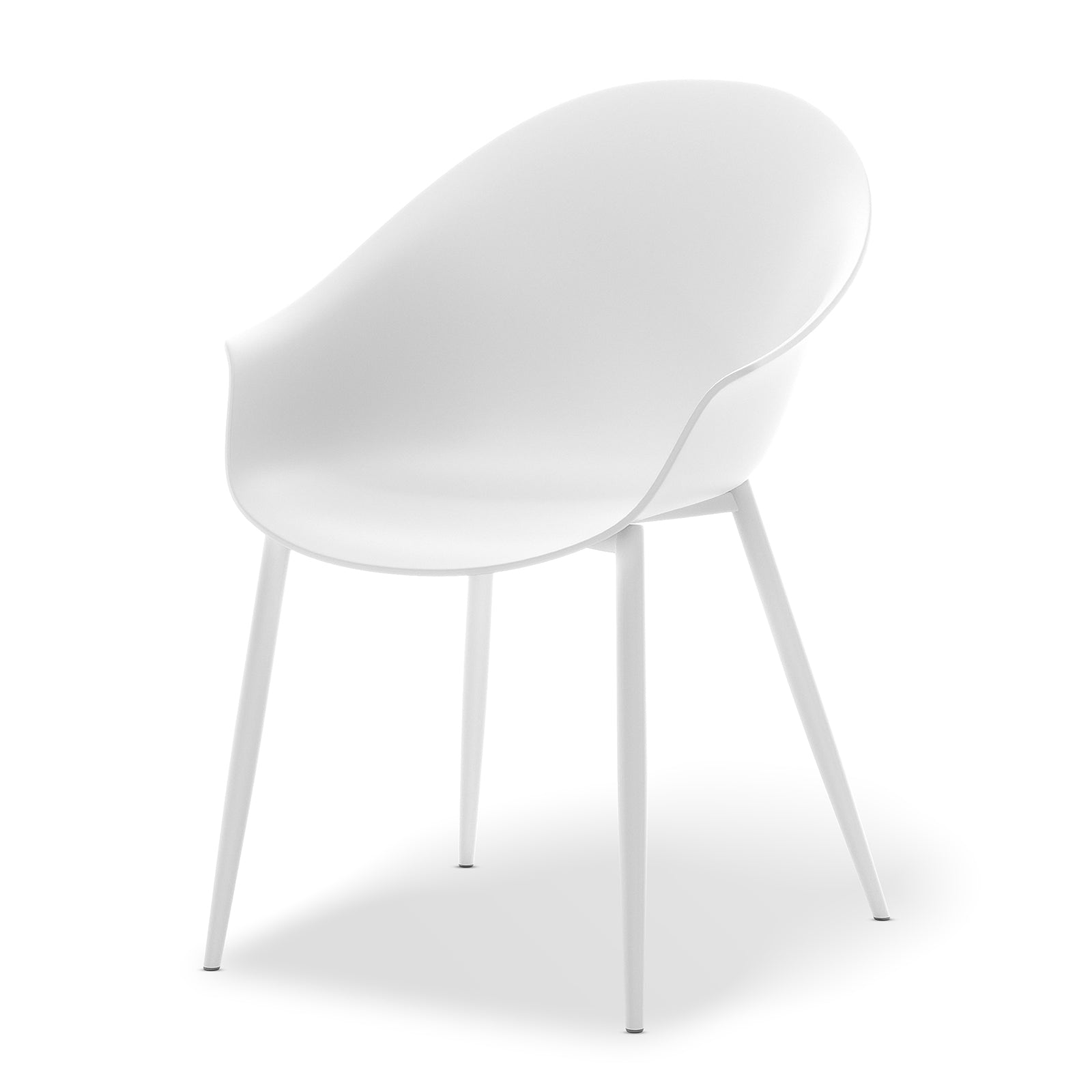 Eidos Indoor/Outdoor Modern Plastic Dining Chair w/ Armrest White Set of 2 features sleek armrests, durable plastic construction, and powder-coated metal legs, ideal for enhancing any dining or outdoor space.