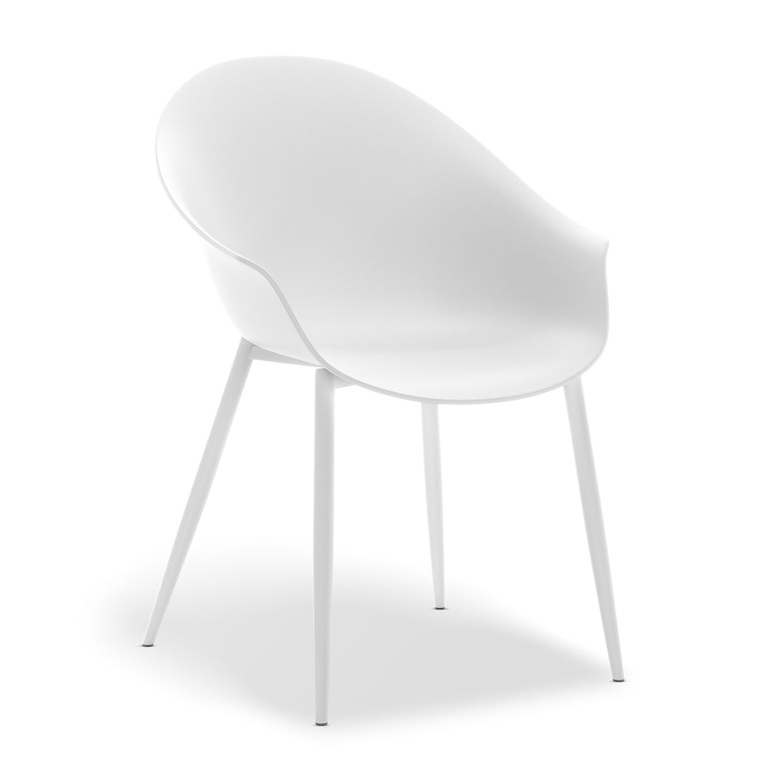Eidos Indoor/Outdoor Modern Plastic Dining Chair w/ Armrest White Set of 2, featuring sleek armrests, sturdy powder-coated metal legs, and a modern design for versatile indoor or outdoor use.