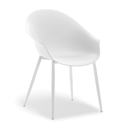 Eidos Indoor/Outdoor Modern Plastic Dining Chair w/ Armrest White Set of 2, featuring sleek armrests, sturdy powder-coated metal legs, and a modern design for versatile indoor or outdoor use.