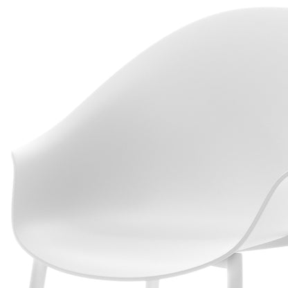 Eidos Indoor/Outdoor Modern Plastic Dining Chair w/ Armrest White Set of 2, showcasing sleek design with armrests and powder-coated metal legs, suitable for versatile indoor and outdoor use.