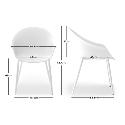 Eidos Indoor/Outdoor Modern Plastic Dining Chair w/ Armrest White Set of 2, featuring sleek design, durable polypropylene construction, and sturdy metal legs with anti-slip pads, ideal for versatile indoor or outdoor use.